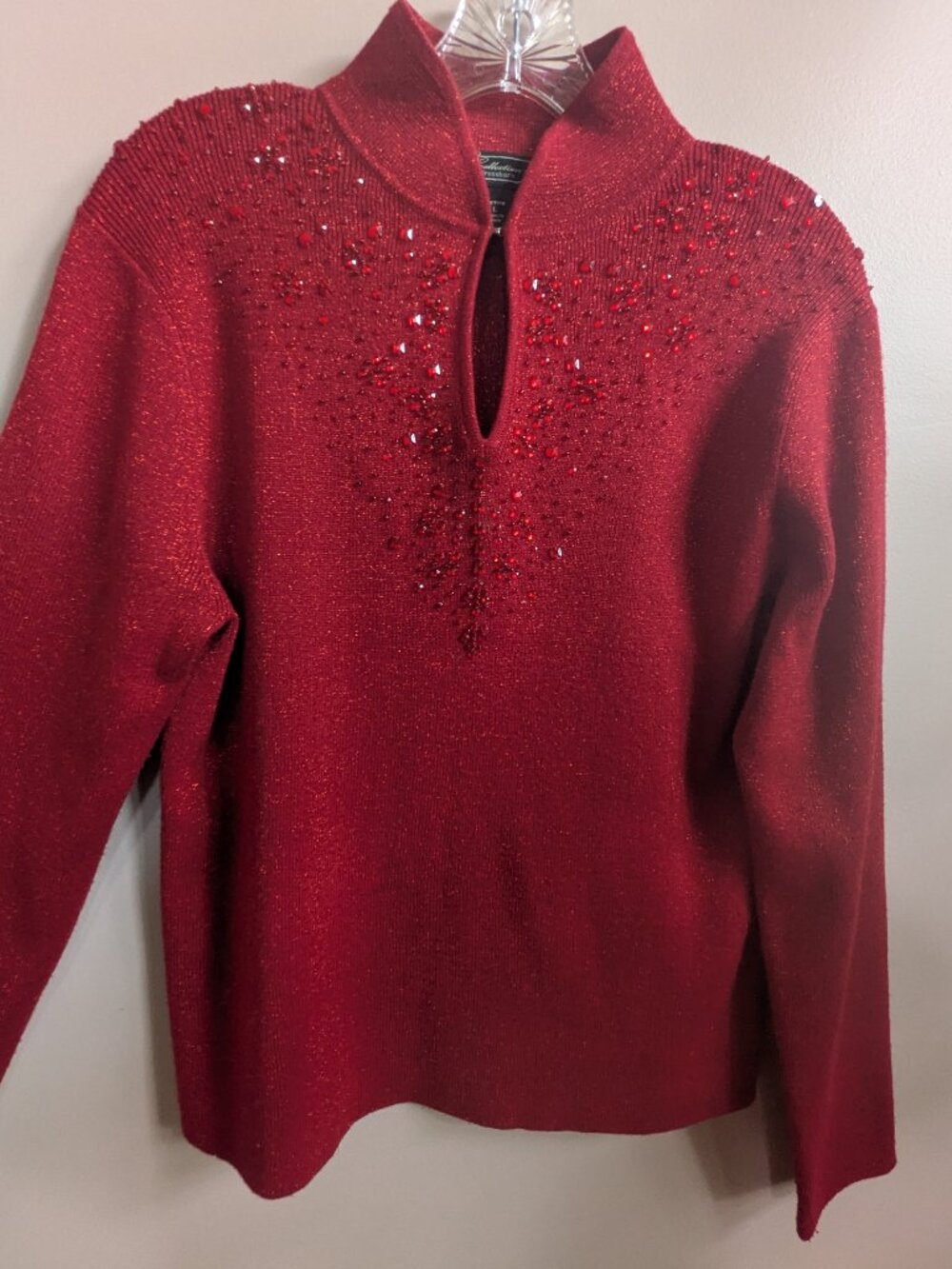 Dressbarn Collection red metallic mock neck beaded sweater woman petite L #847